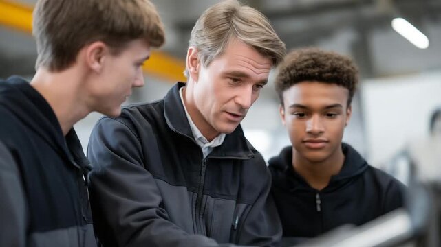Professional plumbers training apprentices on pipe cleaner machines demonstrate skill development, technical education, repair techniques, mentorship, and the transfer of knowledge for efficient