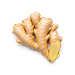 Fresh ginger root on a white surface showing the texture and color of the healthy spice rhizome