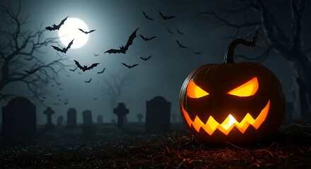 A spooky Halloween night illustration with an orange pumpkin and black bat silhouettes flying under the dark October moon