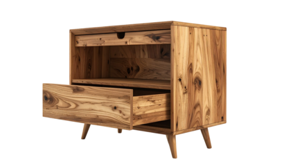Wooden nightstand with open drawers