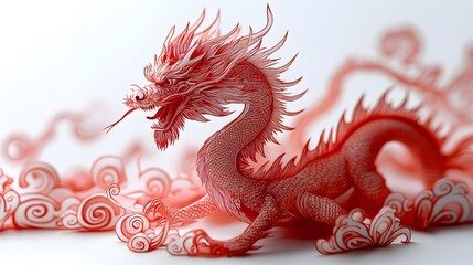 Elegant red dragon sculpture surrounded by swirling clouds in a mystical setting