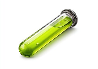A clear glass test tube, angled, filled with bright green liquid.  Small air bubbles visible.  Metal cap