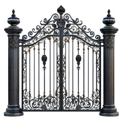Ornate wrought iron gate on transparent background