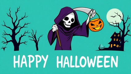Grim reaper holding jack o lantern with haunted house and bare trees