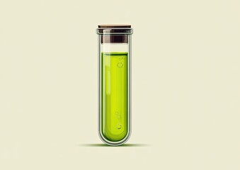 A clear glass test tube filled with a vibrant lime green liquid, capped with a dark brown stopper.  A light beige background