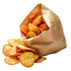 Chips spilling from bag on transparent background