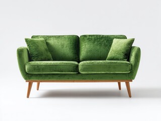 Emerald green velvet loveseat on light background