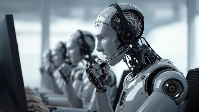 Robot with headset in call center environment, showcasing artificial intelligence technology, automation, cyborg systems, and advanced computer machine learning for futuristic office operations