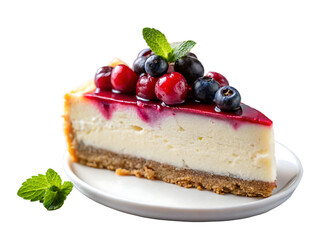 Decadent slice of creamy cheesecake topped with vibrant berries and fresh mint leaves on a white plate