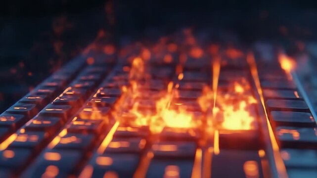 Keyboard burning in flames showing overloading technology