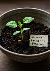 Young Plant Growing in Soil with Inspirational Quote About Patience
