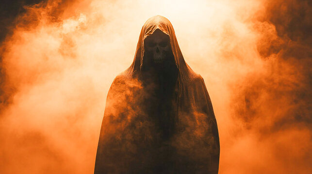 Grim Reaper Emerging from Smoky Darkness &mdash; Eerie Halloween Horror Scene Featuring a Shadowy Undead Figure Pointing Forward, Evoking Fear, Mystery, and Death