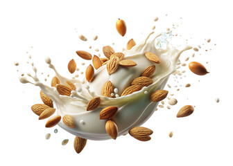 Almonds and creamy white liquid splash frozen in motion against a dark background