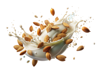 Almonds and creamy white liquid splash frozen in motion against a dark background