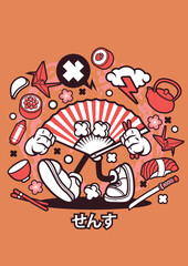 Japanese Sensu Fan Cartoon Character with Sushi and Origami Vector Illustration