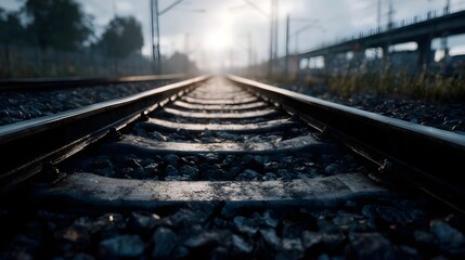 Fototapeta premium Perspective of railway tracks vanishing into a bright hazy distance under dramatic sunlight