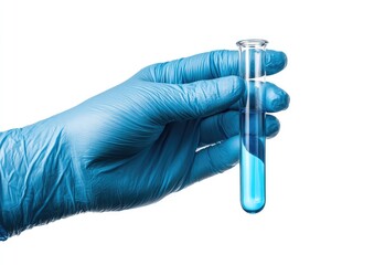 A gloved hand holds a test tube with a light-blue liquid