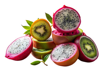 Vibrant assortment of exotic dragon fruit and fresh kiwi slices on a dark background