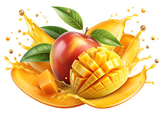 Vibrant mango and red apple splash with juicy pulp and green leaves on black background