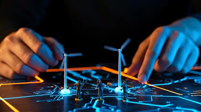 Man placing and approving miniature wind turbines on a glowing circuit board for renewable energy network concept footage. - Powered by Adobe