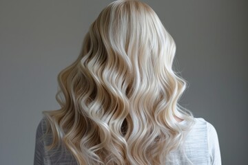Naklejka premium Back view of a blonde woman with long, wavy hair, showcasing a beautiful and elegant hairstyle