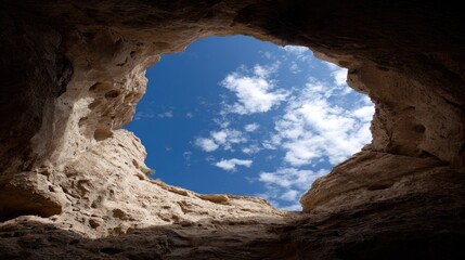 Looking up at a vibrant blue sky from a cave opening.