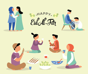 Eid Al Fitr, Family gathering for Eid Al Fitr celebration, Eid Mubarak. Vector Illustration