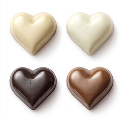 Four heart-shaped chocolates in varying shades
