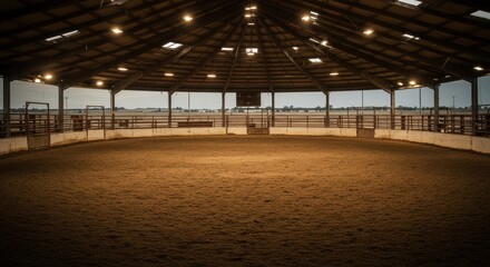 Equestrian Arena:  An empty equestrian arena, bathed in the soft light, awaits the next rider and horse, evoking a sense of anticipation and the thrill of the equestrian sport. 