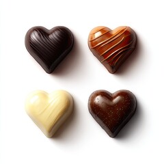 Four heart-shaped chocolates in various dark, milk, and white chocolate variations, displayed on a white background