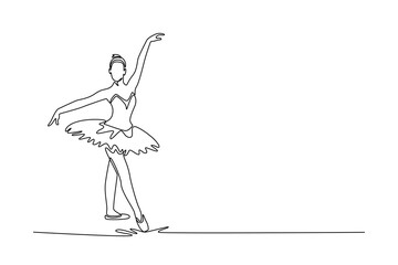 Continuous one line drawing ballerina in a graceful, flowing step with one arm extended high and the other low, moment balanced transition in dance. Single line draw design vector graphic illustration