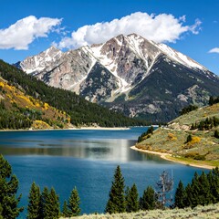 Serene mountain scene features a lake and snow-capped peak