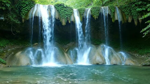 A majestic waterfall cascades down a rocky cliff, with multiple streams of pristine water plunging into a clear, tranquil pool below. Lush green vegetation, including ferns, moss, and various plants, 