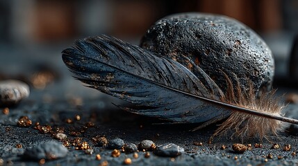 Feather and stone with blue and gold pebbles on dark textured surface