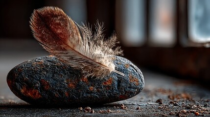Brown feather resting on stone in warm natural light