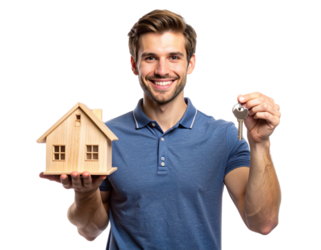 Smiling Home Buyer Holding House Key and Miniature Model, Front View, Isolated on Transparent Background