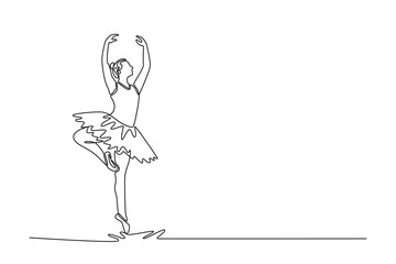 Single continuous line drawing ballerina balancing perfectly pointe with one leg raised and both arms gracefully extended overhead, elegance control. One line draw graphic design vector illustration