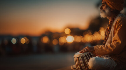 Meditative portrait of an Indian sadhu sage in a saffron turban playing tabla by the river at sunset, conveying spirituality, tranquility and deep unity with rhythm.