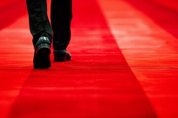 Fototapeta premium Businessman's feet walking down red carpet at important event