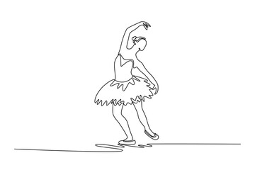 Single continuous line drawing beauty ballerina mid-turn, with her arms and body arched in a graceful, flowing motion, fluid transition of dance step. One line draw graphic design vector illustration