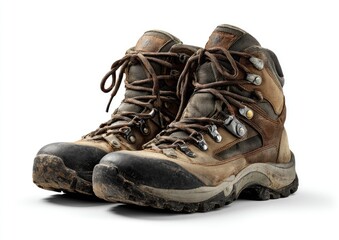 Pair of used hiking boots.  Muddy, durable shoes