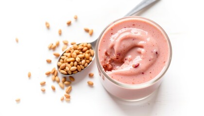 Creamy strawberry yogurt in glass jar with seeds on white background  