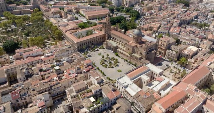 Aerial view of Palermo Cathedral. It is the cathedral church of the Roman Catholic Archdiocese of Palermo, located in Sicily, southern Italy. It is dedicated to the Assumption of the Virgin Mary.