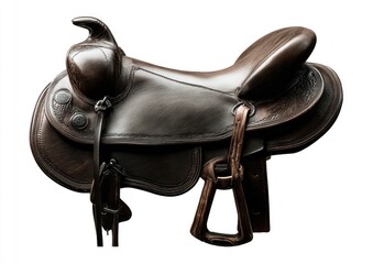 Dark brown leather western saddle, angled view