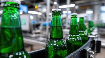 Close-up of a beer production line with green bottles on a conveyor belt, highlighting brewery industry, automation, manufacturing, and beverage production process