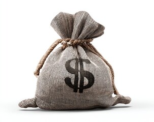 A burlap money bag, tied with rope, features a dollar sign