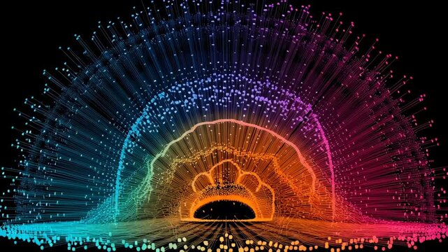Colorful digital data visualization with glowing lines and dots forming radiant semicircle abstract shape on black background, evoking futuristic technology, network, and dynamic flow innovation