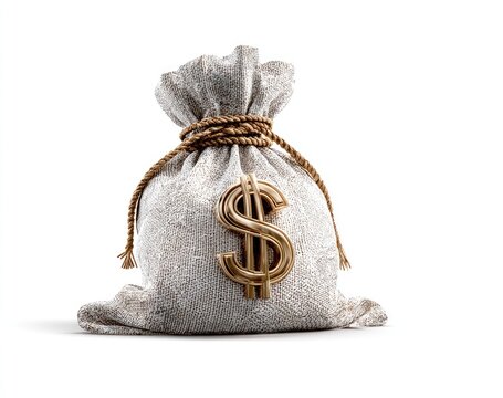 A light beige canvas money bag, tied with rope, featuring a golden dollar sign