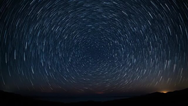 Circular star trails arc across a deep night sky above a dark horizon, forming abstract celestial energy patterns in a timelapse conceptual, peaceful, space