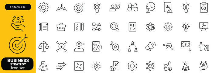 Business strategy set of web icons in line style. A collection of linear icon representing key business concepts, including market analysis, strategy, leadership, innovation, planning. Editable stroke
